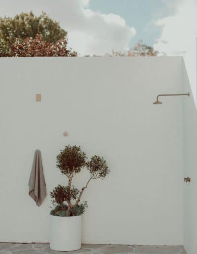 Photo of outdoor shower over crazy paving with olive tree in pot